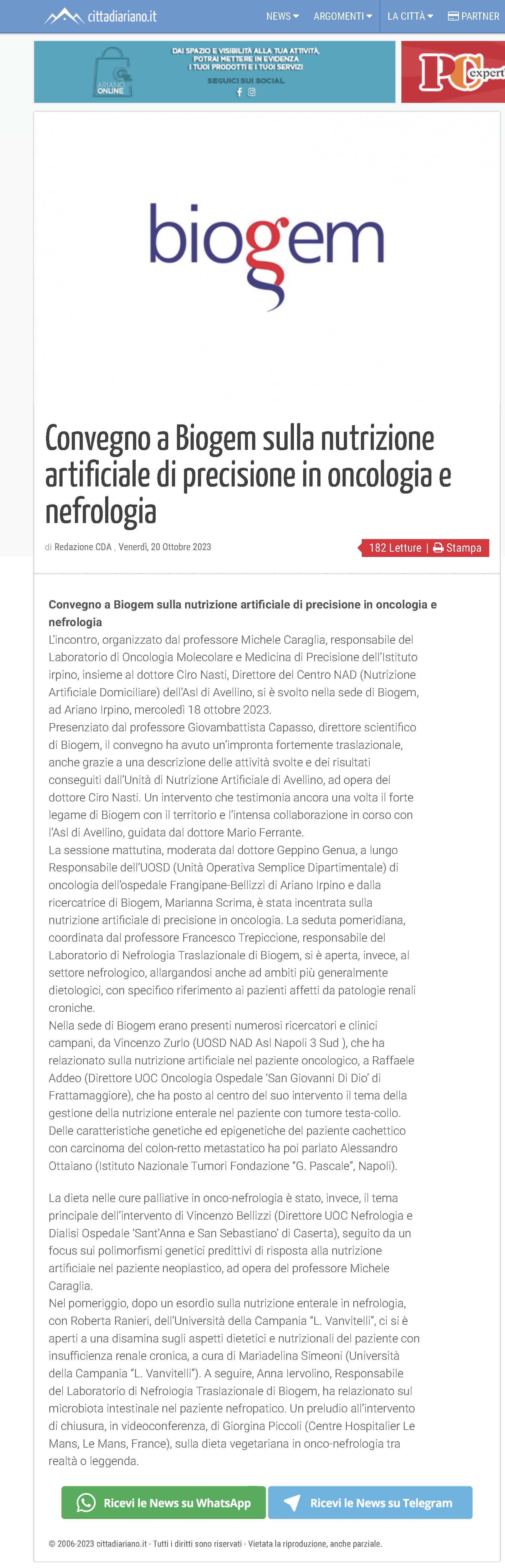 Convegno a Biogem sulla nutrizione artificiale di precisione in oncologia e nefrologia